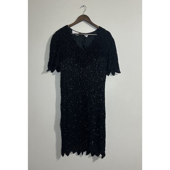 Vintage Laurence Kazar Silk Dress 2XL Black Beaded Sequin Elegant Formal Holiday - Picture 1 of 16